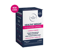 A box of The Akkermansia Company's Healthy Weight with Glucose Control dietary supplement, highlighting clinically proven support for blood glucose within normal levels.